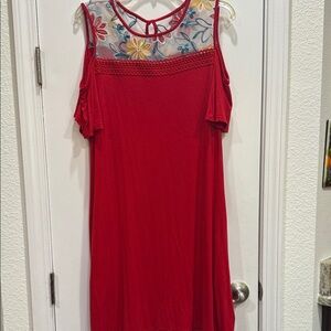 Apt. 9 Red Dress with Embroidered Floral Sheer Neckline and Shoulder cut outs